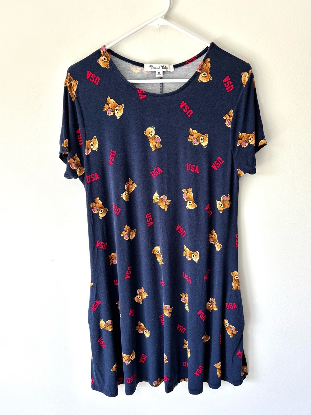 Vine and Valley Navy Blue Short Sleeve Dress Teddy Bear USA American Flag